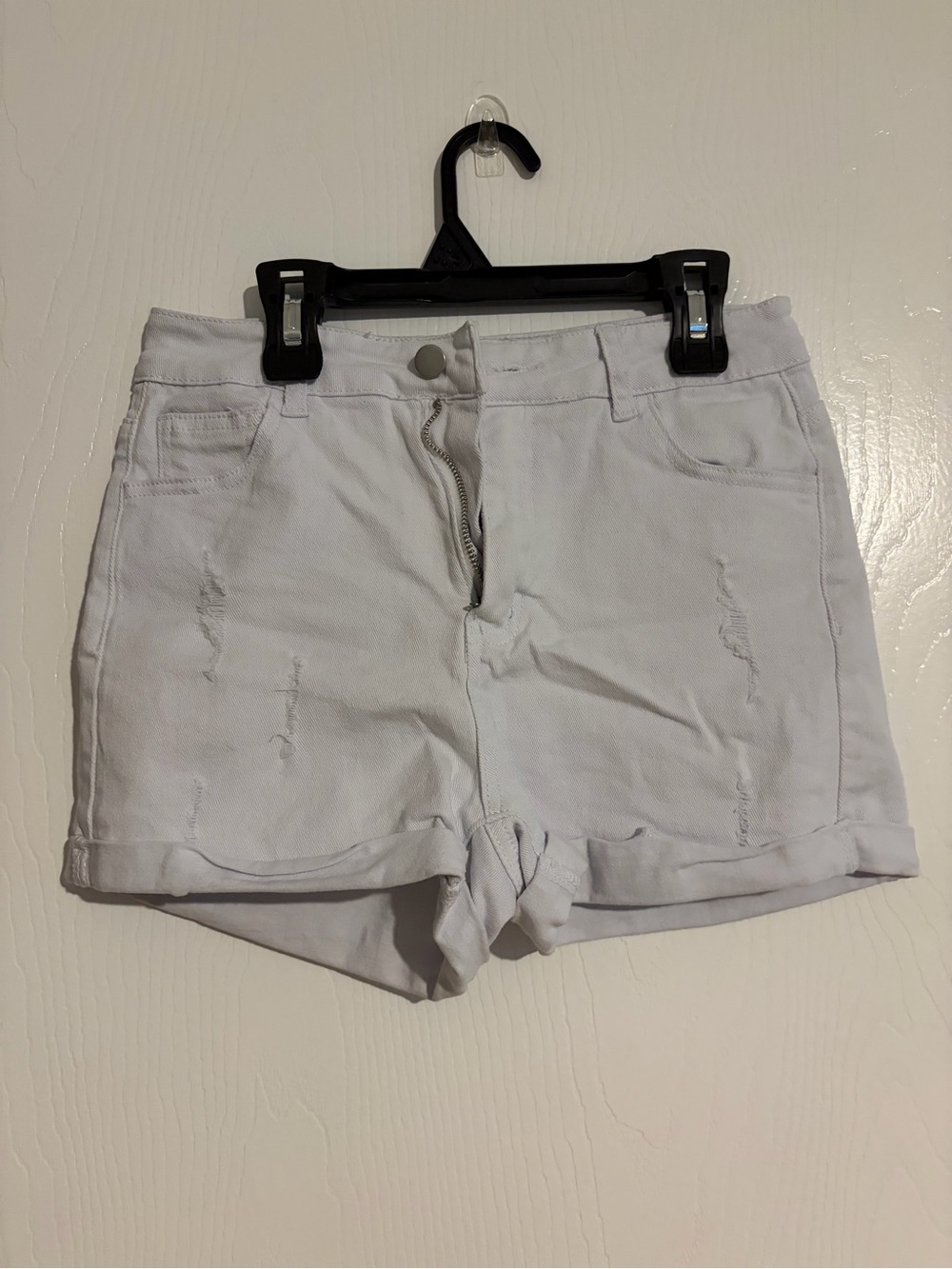 SHEIN White Distressed Rolled-Hem Denim Shorts